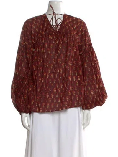 Pre-owned Doen Floral Print Tie Neck Blouse In Red