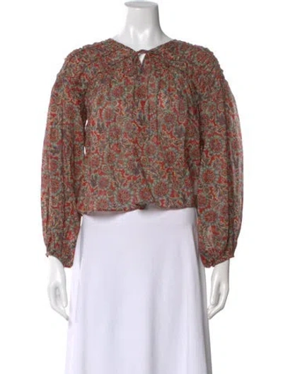 Pre-owned Doen Floral Print Tie Neck Blouse W/ Tags In Green