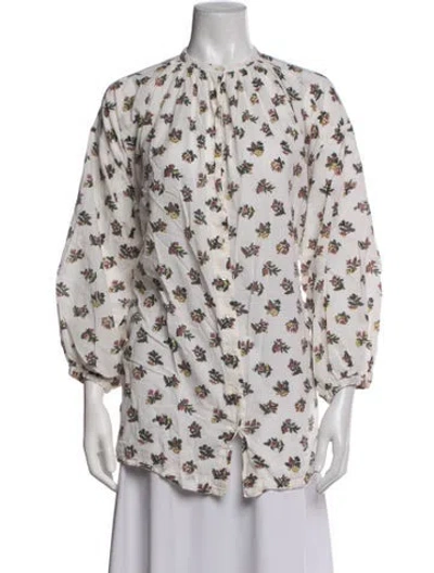 Pre-owned Doen Floral Print Tie Neck Blouse In White