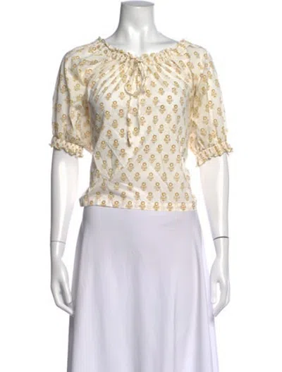 Pre-owned Doen Floral Print Tie Neck Blouse In White