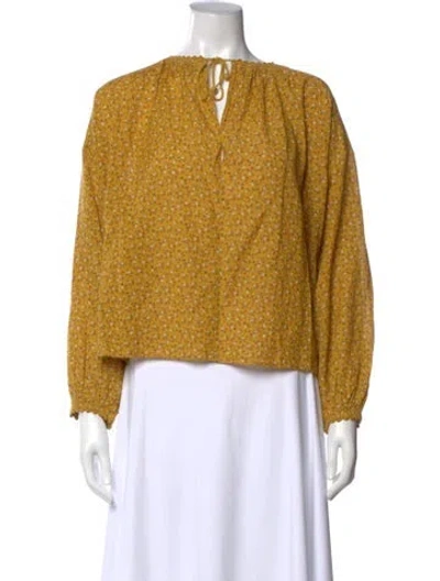 Pre-owned Doen Floral Print Tie Neck Blouse In Yellow