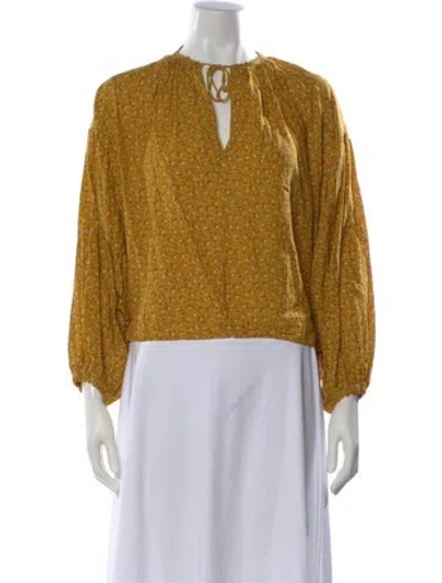 Pre-owned Doen Floral Print Tie Neck Blouse In Yellow