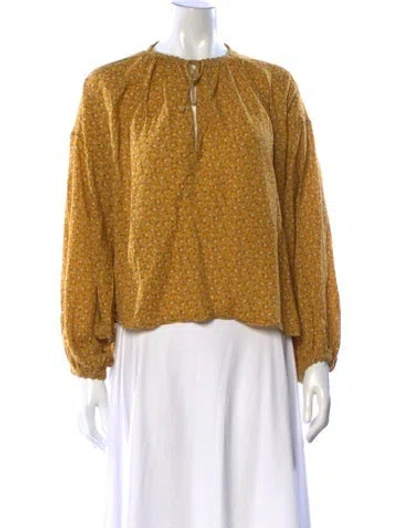 Pre-owned Doen Floral Print Tie Neck Blouse In Yellow