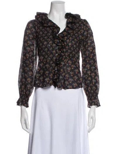 Pre-owned Doen Floral Print V-neck Blouse In Black