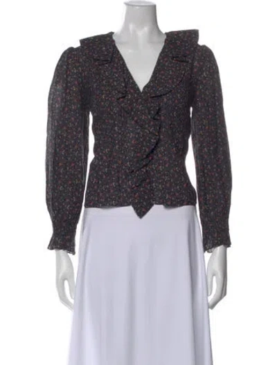 Pre-owned Doen Floral Print V-neck Blouse In Black