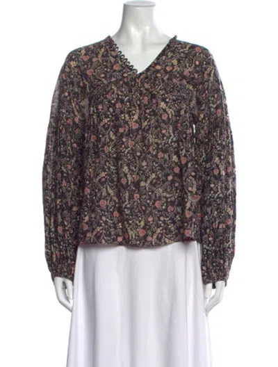 Pre-owned Doen Floral Print V-neck Blouse In Black