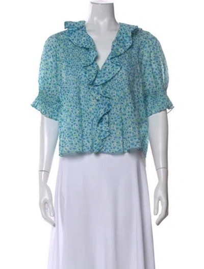 Pre-owned Doen Floral Print V-neck Blouse In Blue
