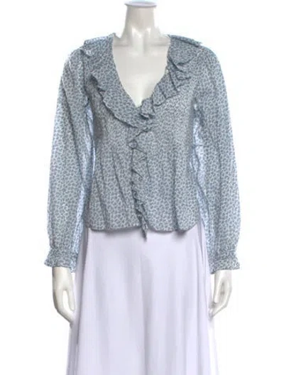 Pre-owned Doen Floral Print V-neck Blouse In Blue