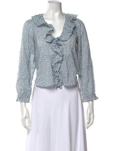 Pre-owned Doen Floral Print V-neck Blouse In Blue
