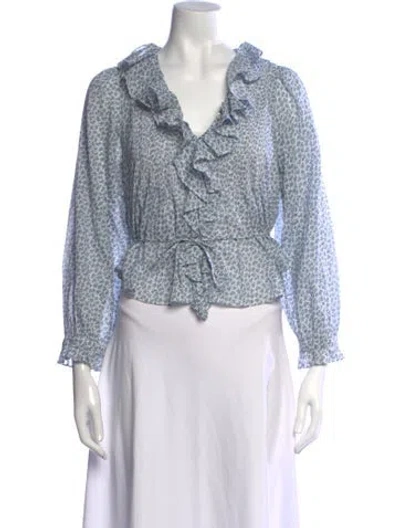 Pre-owned Doen Floral Print V-neck Blouse In Blue