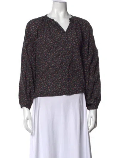 Pre-owned Doen Floral Print V-neck Blouse In Blue