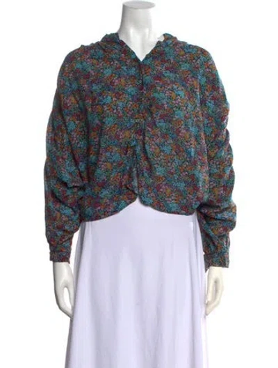 Pre-owned Doen Floral Print V-neck Blouse In Blue