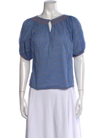 Pre-owned Doen Floral Print V-neck Blouse In Blue