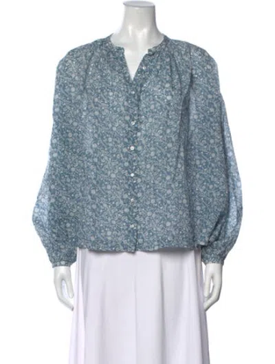 Pre-owned Doen Floral Print V-neck Blouse In Blue