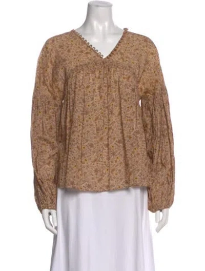 Pre-owned Doen Floral Print V-neck Blouse In Brown