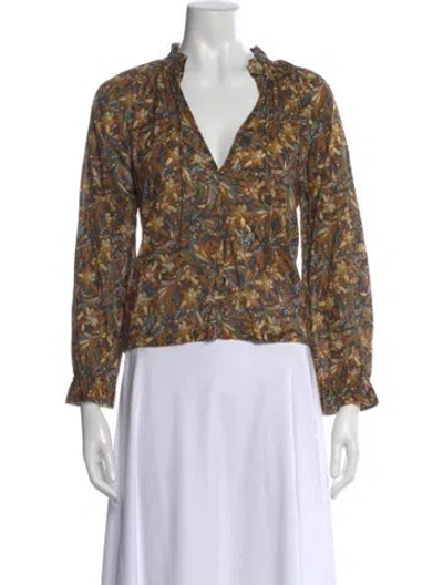 Pre-owned Doen Floral Print V-neck Blouse In Brown
