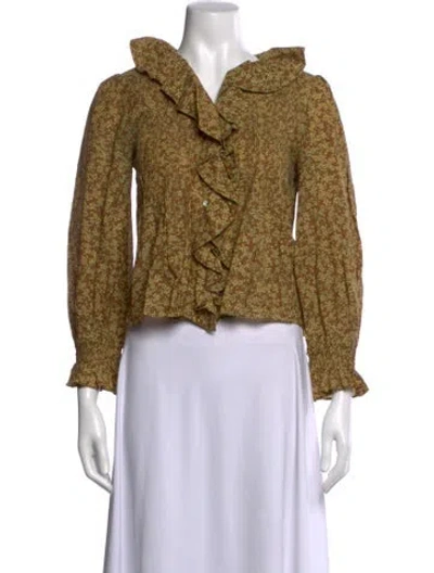 Pre-owned Doen Floral Print V-neck Blouse In Brown