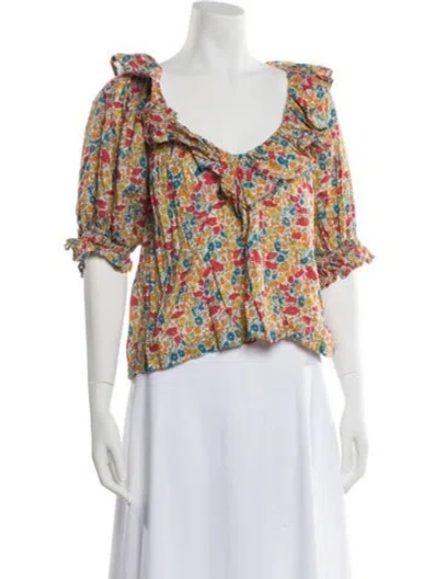 Pre-owned Doen Floral Print V-neck Blouse In Orange