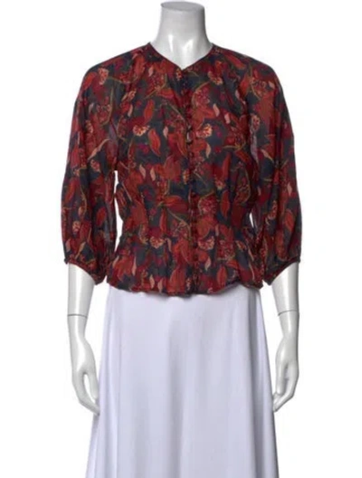 Pre-owned Doen Floral Print V-neck Blouse In Red