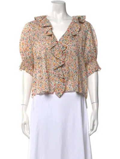 Pre-owned Doen Floral Print V-neck Blouse W/ Tags In Neutral