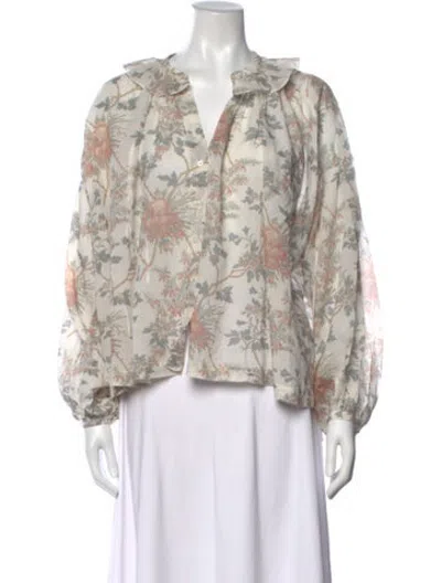 Pre-owned Doen Floral Print V-neck Blouse In White