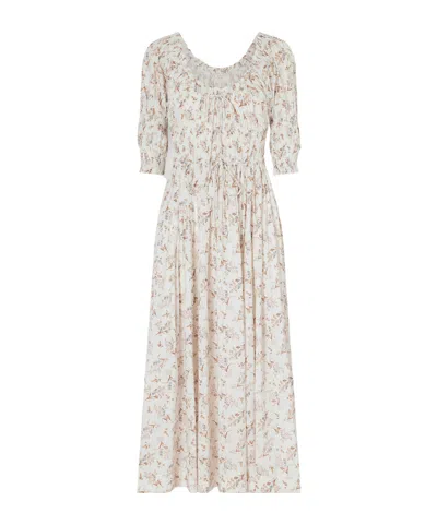 Doen Ischia Floral-print Gathered Organic Cotton-voile Midi Dress In Neutral