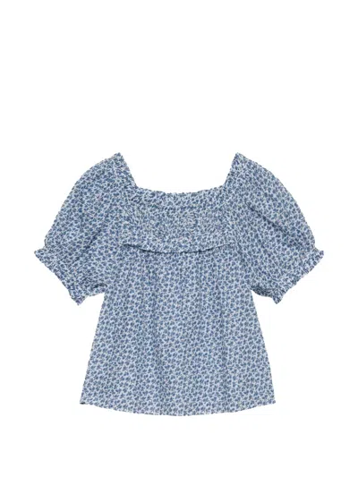 Doen Frances Floral-print Smocked Blouse In Blue