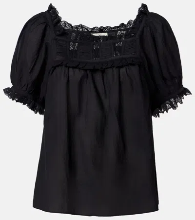 Doen Dôen Frances Lace-trimmed Cotton-blend Top In Black