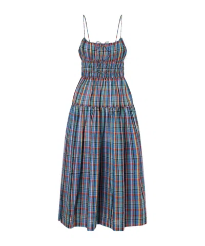 Doen Brielle Gathered Checked Organic Cotton Midi Dress In Blue