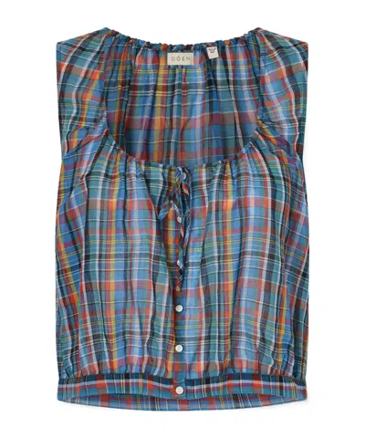 Doen Theo Gathered Checked Organic Cotton-voile Top In Blue