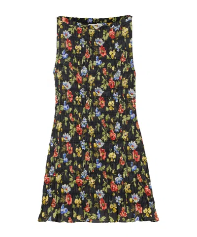 Doen Gianna Shirred Floral-print Ramie Mini Dress In Black
