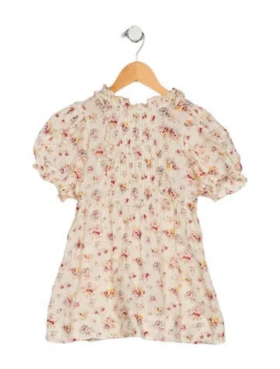 Pre-owned Doen Babies' Girls' Dress Floral Print Pleated Accent Ruffle Embellishments Bateau Neckline In Neutral