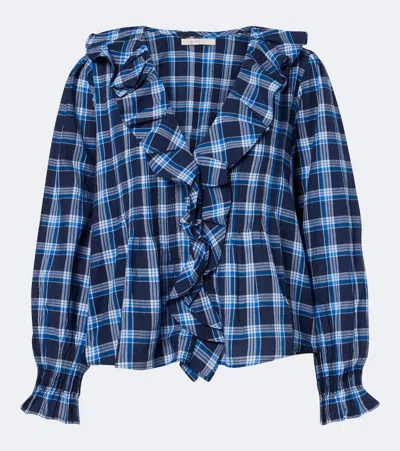 Doen Hardy Checked Shirred Organic Cotton Blouse In Blue