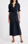 Doen Dôen Harriette Ruffle Pintuck Puff Sleeve Midi Dress In Blue
