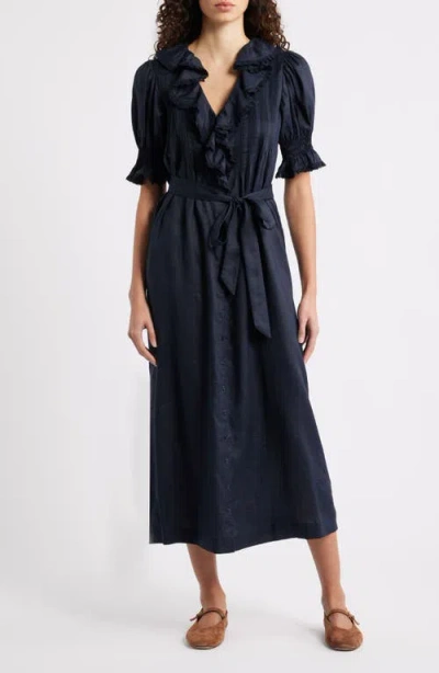 Doen Dôen Harriette Ruffle Pintuck Puff Sleeve Midi Dress In Blue