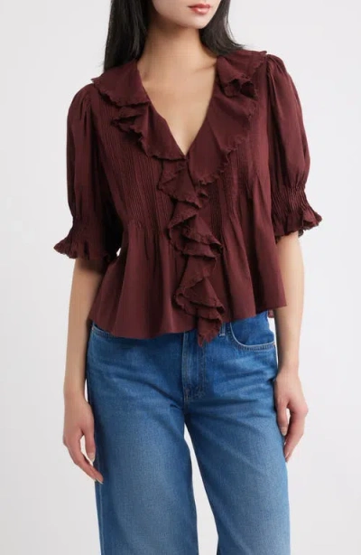 Doen Henri Shirred Lace-trimmed Organic Cotton Blouse In Burgundy