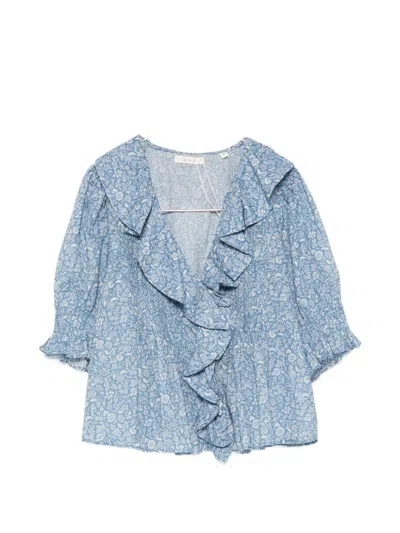 Doen Henri Ruffled Floral-print Cotton Blouse In Blue