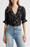 Doen Dôen Hettie Embroidered Ruffle Organic Cotton Top In Black