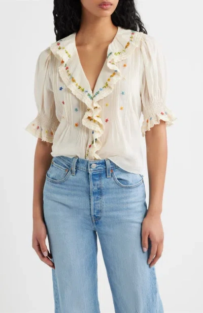 Doen Dôen Hettie Embroidered Ruffle Organic Cotton Top In Neutral