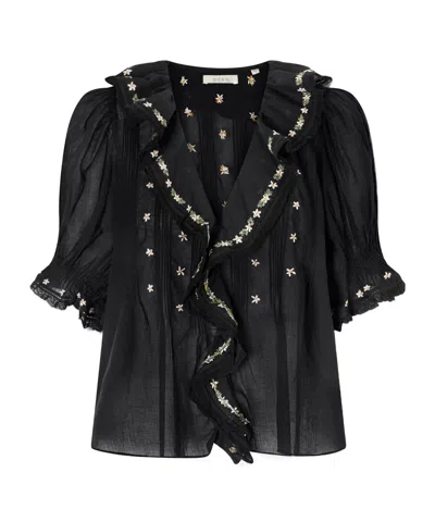 Doen Hettie Lace-trimmed Embroidered Organic Cotton-voile Blouse In Black