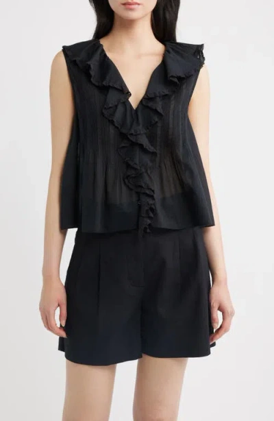 Doen Hilda Ruffled Embroidered Organic Cotton Top In Black
