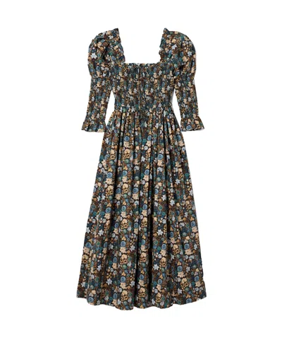 Doen Bijou Shirred Floral-print Organic Cotton-voile Midi Dress In Blue