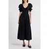 Doen Ischia Shirred Organic Cotton-voile Midi Dress In Black