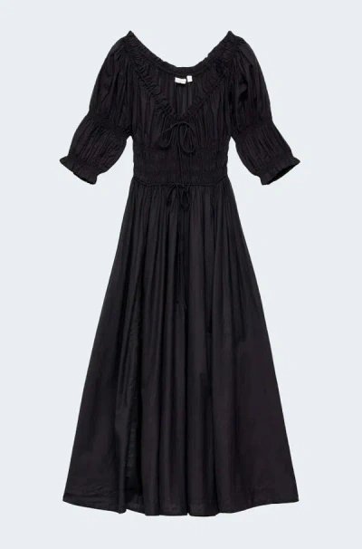 Doen Ischia Shirred Organic Cotton-voile Midi Dress In Black