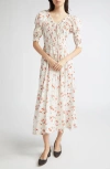 Doen Ischia Shirred Floral-print Organic Cotton-blend Voile Midi Dress In White