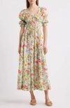 Doen Ischia Shirred Floral-print Cotton-voile Midi Dress In Blanc Anemone Bloom