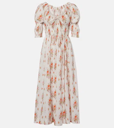 Doen Ischia Gathered Floral Cotton Midi Dress In Neutral
