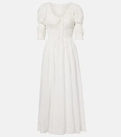 Doen Dôen Ischia Gathered Polka-dot Cotton Midi Dress In White