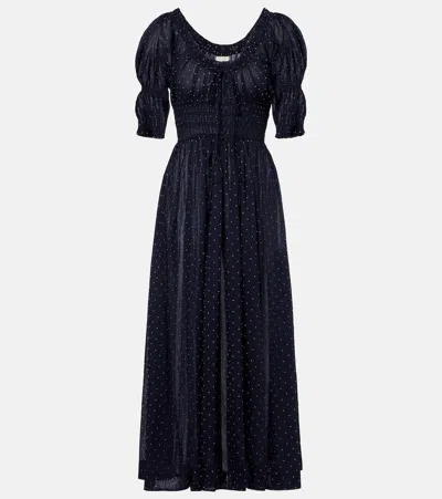 Doen Dôen Ischia Gathered Polka-dot Cotton Midi Dress In Blue