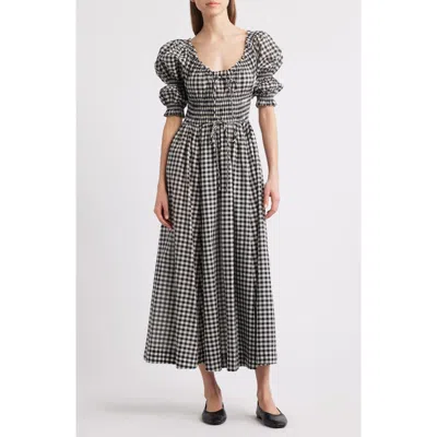 Doen Ischia Shirred Gingham Cotton-voile Midi Dress In Noir Greta Gingham
